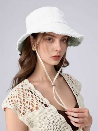 1 pieza Sombrero de cubo de mujer de unicolor para primavera, verano y otoño con flecos y cordón, de ala ancha para protección solar, diadema ajustable, accesorio de moda
