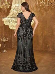 UNITHORSE Plus Size Women Deep V-Neck Backless Sequin Decor Cocktail Party Dress With Shawl Sleeves - Black - View 2