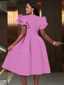 Women's Sweetheart Neck Ruffle Hem Flare Skirt, Suitable For Parties, Graduations, Back To School Occasions, Paired With Bell Sleeves - Mauve Purple - View 3