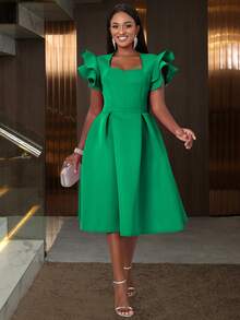 Women's Sweetheart Neck Ruffle Hem Flare Skirt, Suitable For Parties, Graduations, Back To School Occasions, Paired With Bell Sleeves - Green - View 5