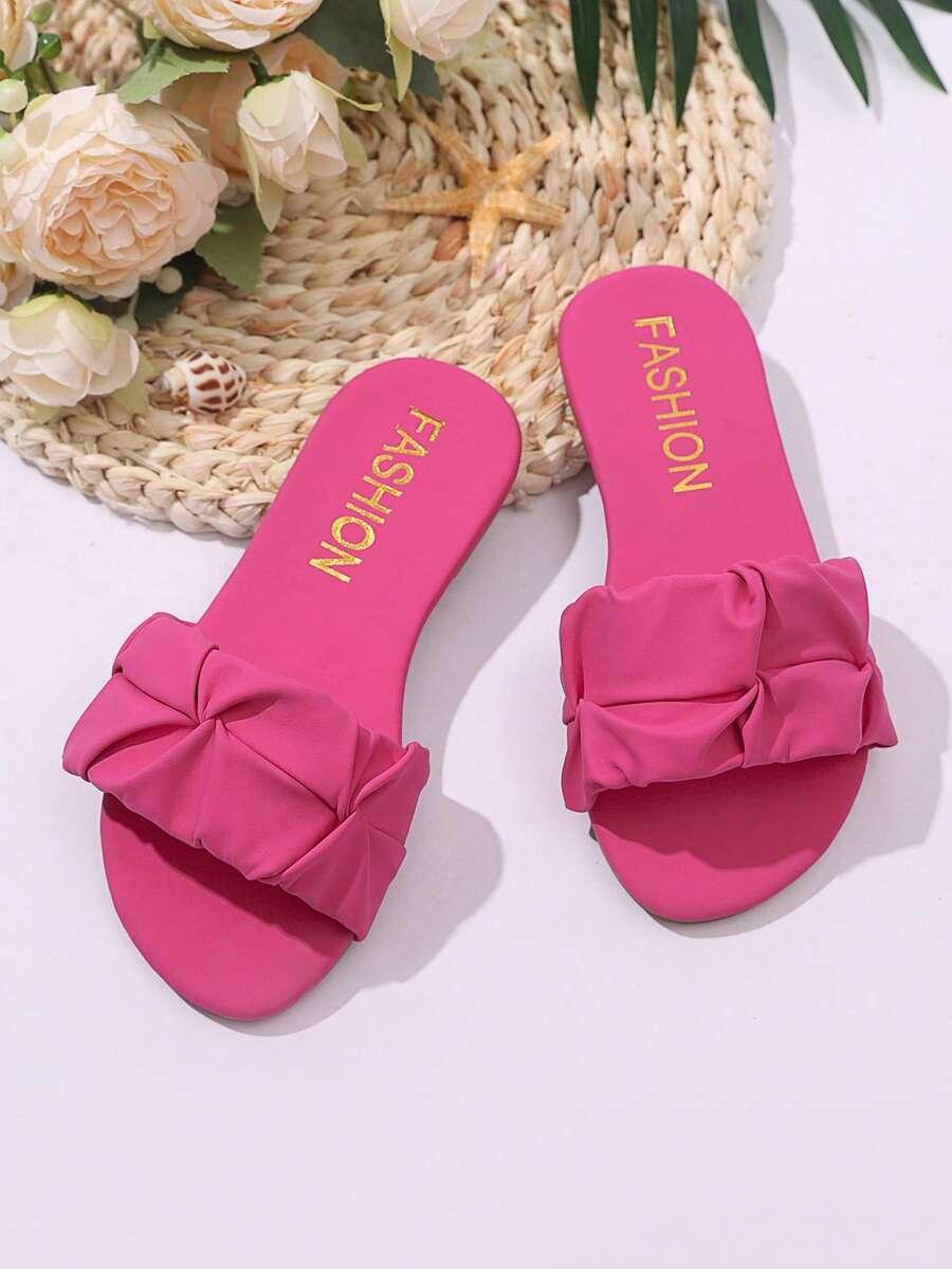 1双幼儿/小童玫红色平底沙滩凉鞋，柔软PU波浪荷叶边鞋带，圆头设计，防滑软底，套脚款式，时尚可爱，适合女童日常、海滩、度假、派对等场合，2026春夏款 - 玫紅色 - 查看 1