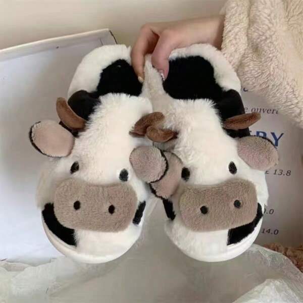 Plush Cow Slip-On Slippers With Anti-Skid , Warm Indoor Home Shoes For Women, Couples, Students, Autumn/Winter