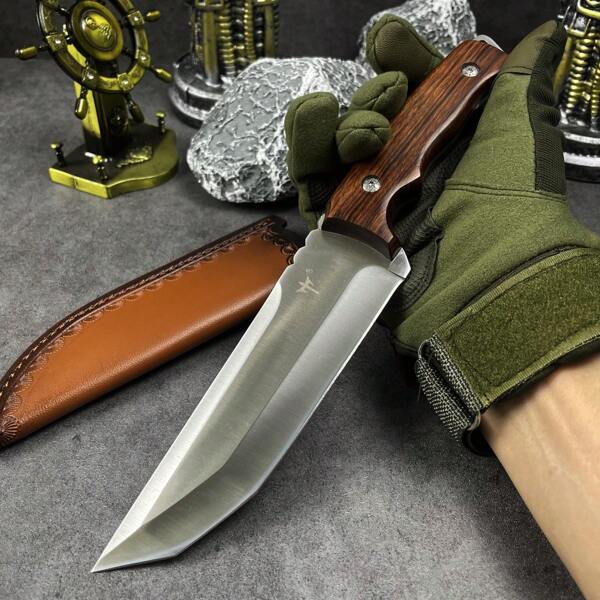 1 pieza, Cuchillo de alta calidad para exteriores, cuchillo de cocina, diseño de quilla integrado, afilado y duradero, mango de madera sólida, agarre cómodo, usado para campamento, cocina, regalos festivos, equipado con funda de cuchillo de alta calidad