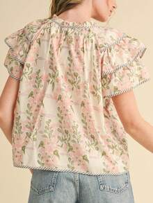 Women Y2K Ruffle Cap Sleeve Top Boho Floral V Neck Shirt Peplum Babydoll Patchwork Blouse Shirt Going Out - Hồng - Xem 2