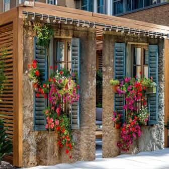 2pcs Open Front Outdoor Curtains, Flower Pot Window Curtains For Garden, Patio, Porch, Balcony, Terrace, Garage Door, Machine Washable With Hooks