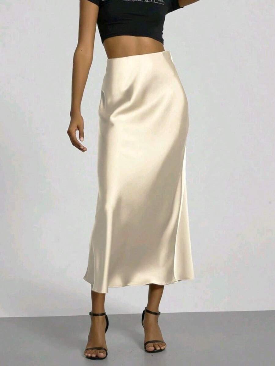 Scacto Elegant And Graceful Silky Texture Satin Versatile Midi Skirt Slimming Draped Bodycon Long Skirt - Màu be - Xem 1