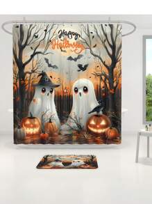 [Cadeau d'Halloween] 1 pièce/4 pièces Ensemble de décoration de rideau de douche d'Halloween | Beau cadeau moderne pour la maison avec 12 crochets de rideau de douche et 3 pièces de tapis de sol de toilette Rentrée des classes