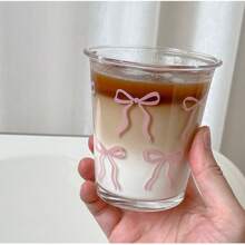 1 French Pink Bow Glass Cup, Ins Style Coffee Cup, Exquisite Milk Breakfast Cup