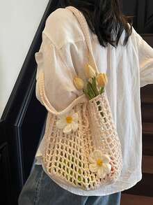 Yogodlns 女士针织镂空托特包新款大容量单肩复合包编织沙滩度假手提包夏季西部针织托特包女新款大容量百搭针织休闲单肩包 - 米色 - 查看 4