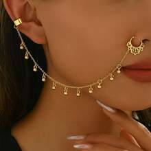 1pc Star & Moon Tassel Nose Stud, Clip-On Nose Ring, Piercing Look Earring Style Nose Hoop For Women - Multicolor - View 7