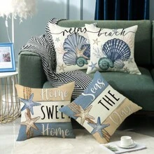 4pcs Polyester Pillowcase Set, Featuring Vintage Farmhouse Style Ocean Starfish Design With Blue And Seashell Details, Zippered Closure, Machine Washable - Ideal For Decorating Porch, Patio, Sofa And Outdoor Spaces (Pillow Inserts Not Included)
