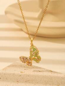 1pc Fashionable Cubic Zirconia Butterfly Pendant Necklace, Stylish & Charming Party Gift, Can Be Worn Alone Or Layered, Elegant For Daily Wear - Yellow Gold - View 2