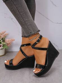 女士舒适新款夏季厚底坡跟凉鞋，时尚百搭轻便防滑透明拉菲草编织底带性感凉鞋