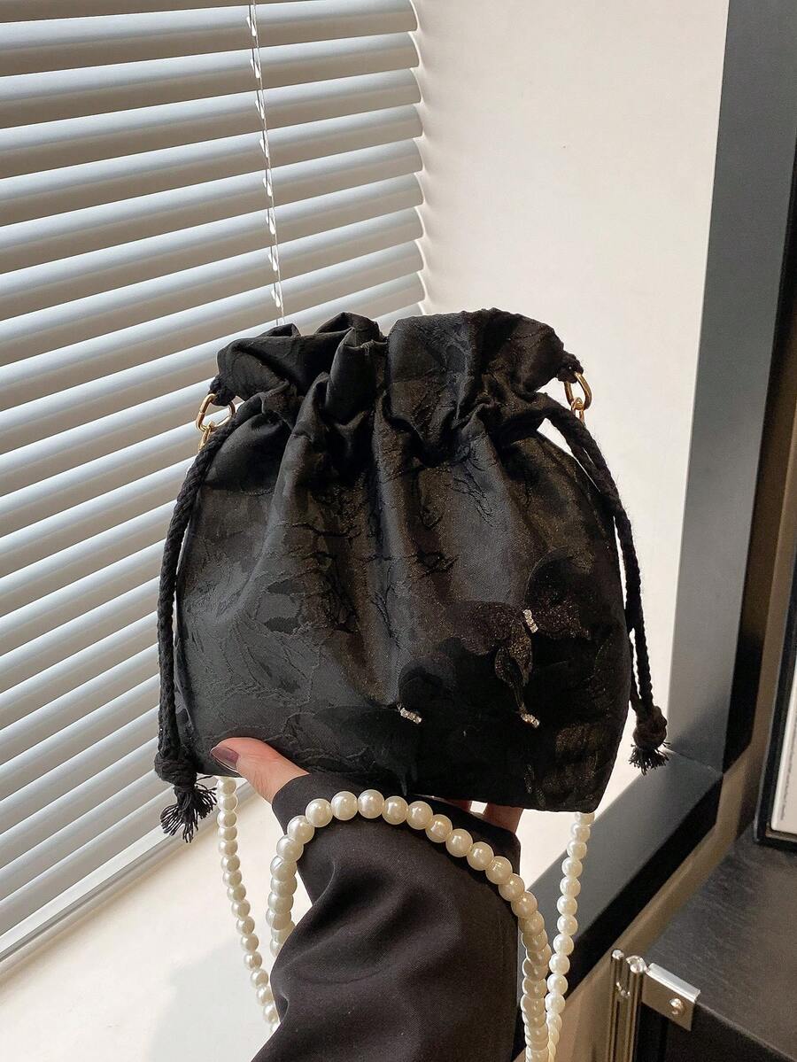 时尚优雅珍珠链迷你水桶包 - 黑色 - 查看 1