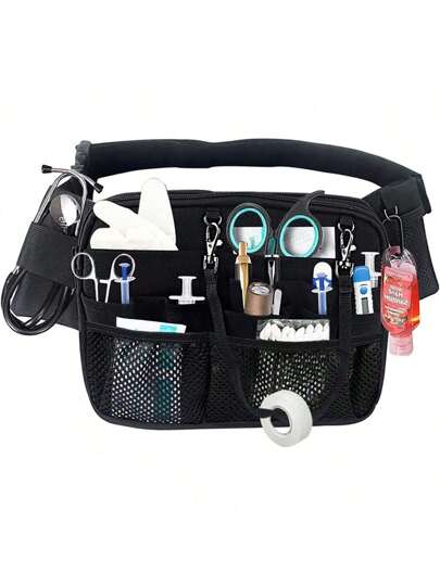 Nurse Fanny Pack With Tape Holder , Multi Compartment Medical Gear Pocket Nurse Organizer Belt Bag , Apron Hip Bag Utility Waist Pack For Stethoscopes Bandage Scissors Supplies ( Black/Pink )