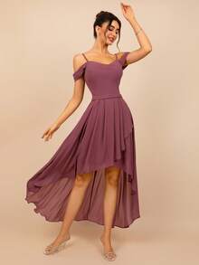 MOEVIO Women's Elegant Spaghetti Straps Chiffon High Low Cold Shoulder Midi Backless High Split Formal Bridesmaid Wedding Guest Evening Party Dress Spring Summer Vacation Homecoming Gathering Gown