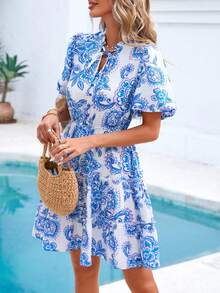 Women Summer Dresses Floral V Neck Short Sleeve Tiered Ruffle Swing Dress A-Line Mini Dresses Boho Hawaii Holiday Beach Dating Night Out Party Club Valentine Short Dress Outfits - 藍色 - 查看 4