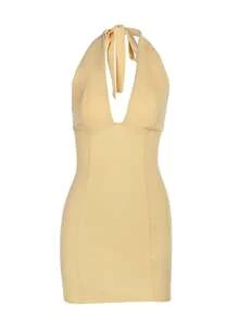 WOWDARK 女式秋季简约深V露背紧身迷你连衣裙 - 黃色 - 查看 2