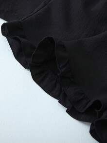 Women's Short-Sleeve Shorts Pajama Set With Ruffle Trim, Solid Color - Black - View 4