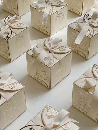 20pcs/5pcs Per Pack Luxury Gold Foil Boxes, Party Favors, Wedding Decorations, Ribbon Paper Square Gift Boxes With Lids For Baby Shower, Bride, Graduation, Bachelorette Party, Tulip Flower Embossed Exquisite Packaging Gift Boxes, High-End Wedding Ceremony Elegant Gift Boxes, Party Favor Boxes