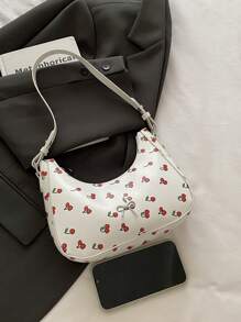 Bolso de hombro con estampado de cereza y decoración de lazo para moda, adecuado para compras, monedero, jóvenes, estudiantes universitarias, oficinistas. Perfecto para la oficina, universidad, trabajo, negocios, desplazamientos, actividades al aire libre, viajes y excursiones.