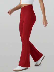 RUNONWHEELS 5 女士勃艮第酒红色 V 型提臀瑜伽健身喇叭紧身裤，交叉腰带，高腰运动健身跑步紧身阔腿裤