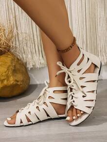 女士时尚多款式夏季和春季新款凉鞋，后拉链，抽绳，镂空设计，圆头，露趾，平底，系带，户外，舒适，加大码，透气