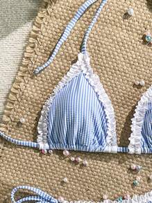 Set di bikini estivo da donna per la spiaggia e le vacanze, a righe, con rouche, laccetti laterali e fascia per il collo