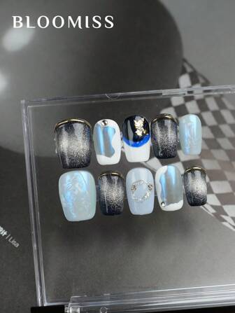 10 片手工制作短款假指甲，蓝色指甲，夏季指甲，可重复使用假指甲