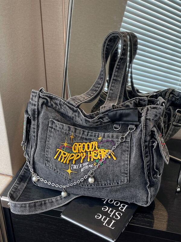 Casual Y2K Style Chic Soft Jeans Tote Bag Street Style Chain Letter Pattern Shoulder Bag Large Capacity Crossbody Bag,School Bag,Portable,Large Capacity,For Teen Girls Women College Students,College,Middle School,High School,Outdoors,Travel,Outings,Work,Business,Commute,Holiday,Shopping,Preppy Book Bag For Book Week, Large School Tote Bag, Multiple Compartments, Perfect For Beach, School, Work & Daily Use, Perfect For Cow Girl