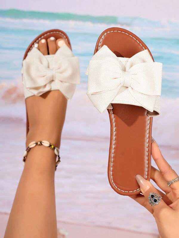 Summer New Fashion Big Bow Flat Sandals For Teenage Girls & Girl, Plus Size Slip-On Beach Slippers