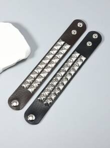 1 Peça Pulseira de Couro Estilo Punk Rock com Pirâmides Metálicas