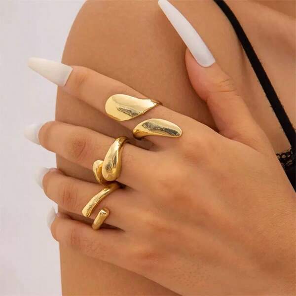 3pcs Stylish Asymmetrical Unique Geometric Smooth Open Rings Suitable For Women Daily Wear