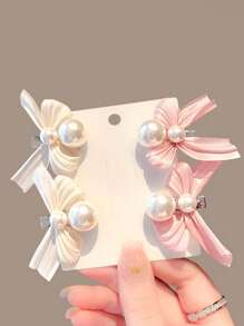 Set de 4 pinzas para el pelo con lazo blanco y rosa, pinzas laterales con perlas para niñas, accesorios para el cabello