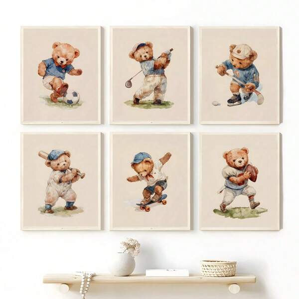 1/6pcs Vintage Teddy Bear Sports Posters, Cartoon Boy Sports Theme Canvas Painting, Waterproof Canvas Wall Arts, Artwork Wall Painting For Gift, Ornament For Living Room, Bedroom, Bathroom, Office, Hallway, Kitchen Decor, Room Decor, Home Decor Optinal Fram