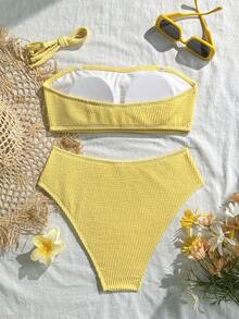 2pcs/Set Graduation Season, Independence Day Ribbed Bikini Set, Black, Red, Purple - Cream - View 5