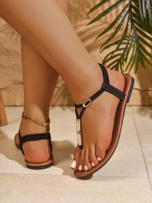 New Fashion Women Strap Slide Sandals, Stylish Casual Roman Style Slip-On Sandals In Black, Beige, Brown, Solid Color Woven Comfortable Beach Sandals, Blogger Recommended Thick-Sole Sandals, Summer Beach Shoes, Elegant Buckle Low Heel Round Toe Slides, Odor-Resistant Anti-Slip Fabric With Beaded Decor Simple Outdoor Slippers, Versatile Flat Slip-On Women Flat Sandals - Black - View 7