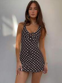 女士波尔卡圆点印花镂空系带时尚迷你连衣裙，优雅度假复古风格音乐节，修身紧身短裙，适合夏季 - 咖啡棕 - 查看 3