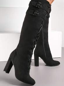 Vintage elegante Overknee-Stiefel mit verstellbarem Schnallenverschluss und spitzer Zehenpartie - Schwarz - Übersicht 4