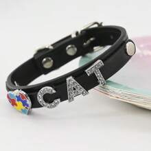 Colour Blocking Heart With Diamonds And Letters Cute Cat Collar PU Leather Pet Collar, Multiple Sizes, Simple Flat Collar, Multi-Colour, Suitable For Cats & Dogs