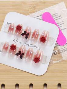 Bộ 30 móng tay giả hình bướm màu tím bóng dáng quan tài dài vừa phải + 1 gel thạch và 1 khối đệm móng tay để thiết kế nghệ thuật làm móng - Nhiều màu - Xem 3