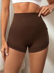 Pantalones cortos deportivos de yoga de cintura ancha para mujer, shorts de gimnasio, diseño plisado que levanta la cadera, tela elástica, adecuados para fitness y running de verano - Marrón - Ver 2