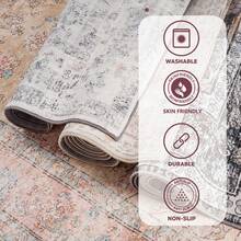 Boho Vintage Area Rug - Washable Faux Wool Low Pile Carpet | Non-Slip & Non-Shedding Indoor Rug For Living Room, Bedroom, Kids Room & Home Office - Grey - View 5