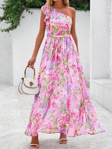 Women Summer Dress Floral One Shoulder Sleeveless Smocked Ruffle Flowy Long Dress With Pocket Boho Beach Vacation Holiday Wedding Guest Valentine Maxi Dress Outfits - 粉色 - 查看 5