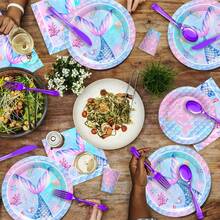 168 Pieces Of High Quality Mermaid Themed Tableware Including Paper Plates, Cups, Napkins, Knives, Forks And Spoons. Can Be Used For 24 Guests For Camping, Birthday Party. - Nàng tiên cá - Xem 7