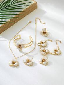 1 套波西米亚风格白色花朵耳钉、项链、戒指、手链、手镯首饰套装，适合女士，浪漫婚礼/周年纪念礼物，适合度假、日常佩戴、音乐节 - 白色 - 查看 3