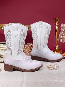 1双儿童火焰图案亮片饰边仿皮靴，中筒拉链，低跟，西部牛仔风格，适合休闲/派对穿着 - 白色 - 查看 6