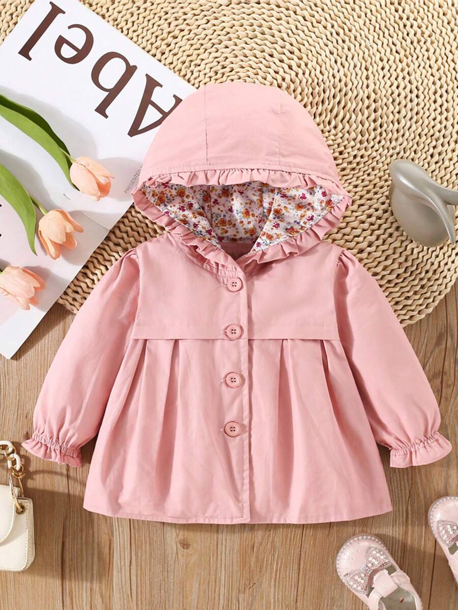 Abrigo con capucha, Chaqueta exterior de un solo botonadura de unicolor para niña bebé, Otoño/Invierno - Rosa - Ver 1