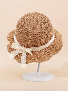 1 件女童/幼儿/婴儿手工编织透气蕾丝边宽边太阳帽，婴儿夏季太阳帽，手工纸草帽，日常穿着 - 1PC - 查看 5