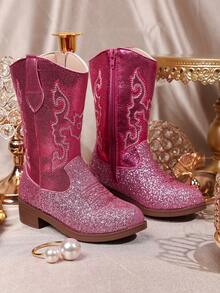 1 Pair Girls' Colorful Embroidered Sequin Synthetic Leather Round Toe Mid-Top Zipper Chunky Heel Western Style Shoes, Suitable For Everyday And Party Wear - Hot Pink - View 4